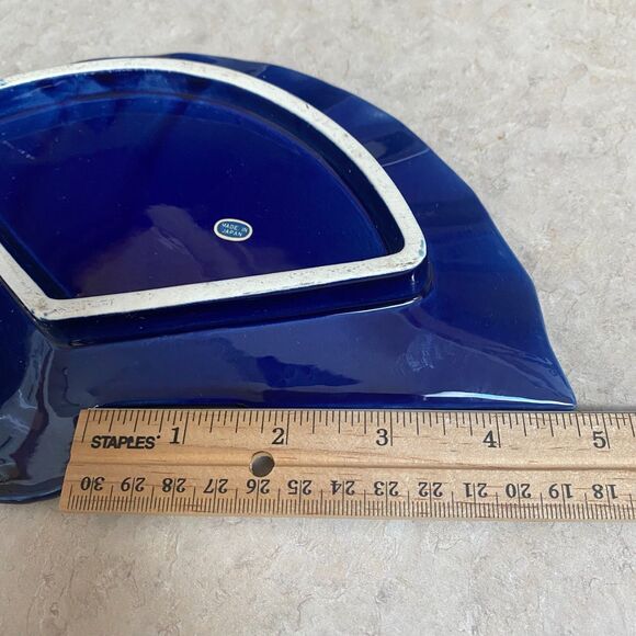Vintage Cobalt Blue Japanese Fan Porcelain Dish Gold Trim Hand Painted VTG Decor - Picture 5 of 6